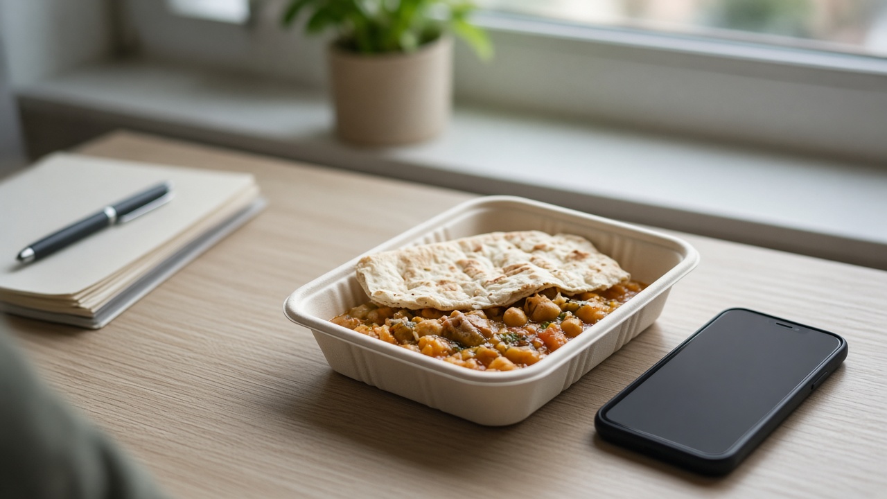 Persian busy-day desk with lunch box and phone for quick calorie photo log