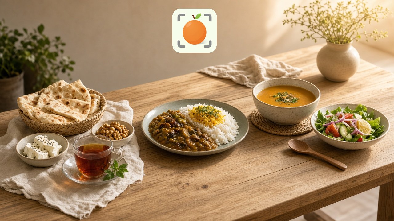میز خانگی با نان و پنیر، چای، برنج و خورش، سوپ و سالاد برای ثبت کل روز