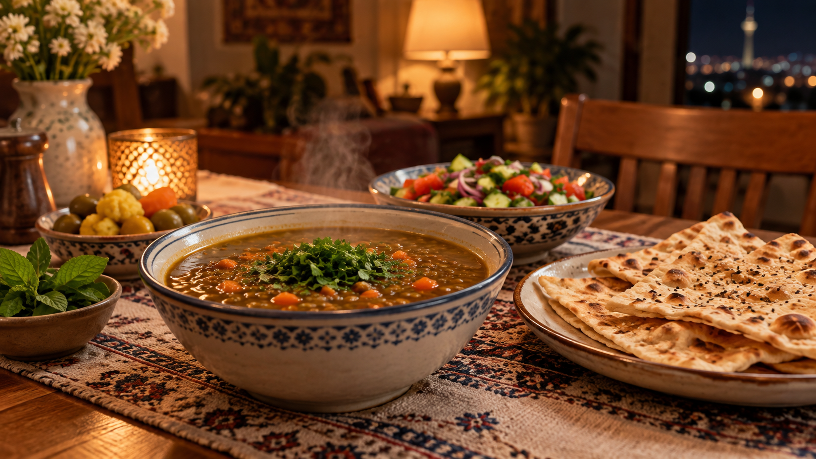 شام ایرانی خانگی؛ کاسه عدسی یا خوراک سبک با نان روی میز عصر