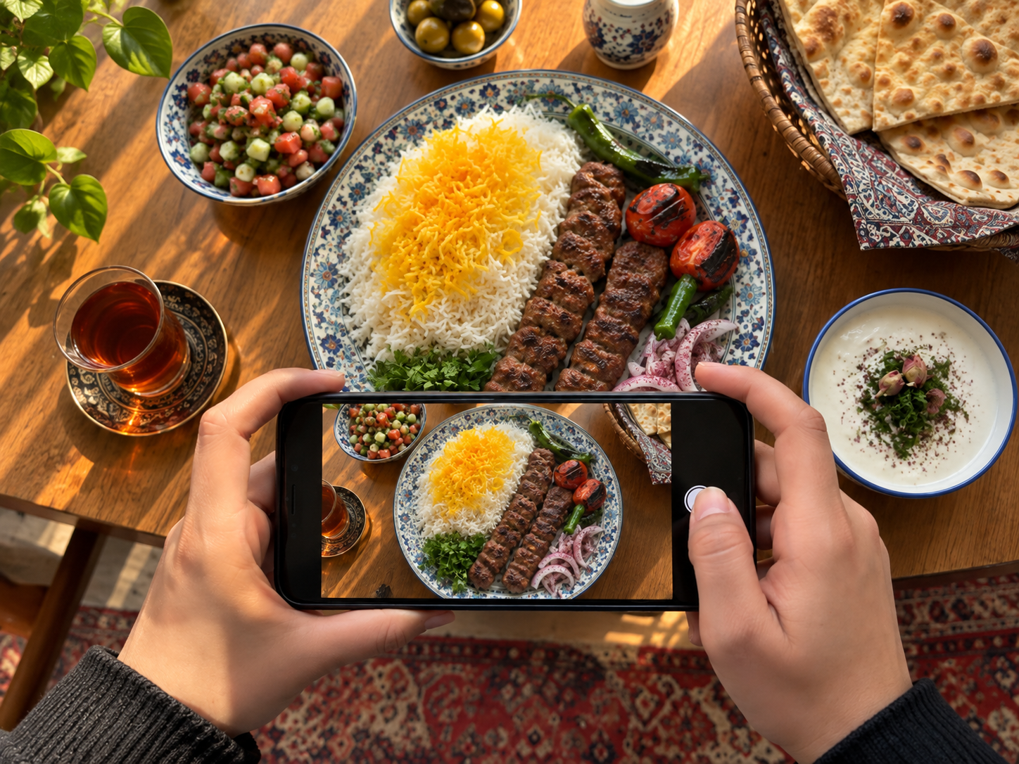 قاب کامل بشقاب غذای ایرانی از بالای گوشی برای ثبت کالری با عکس