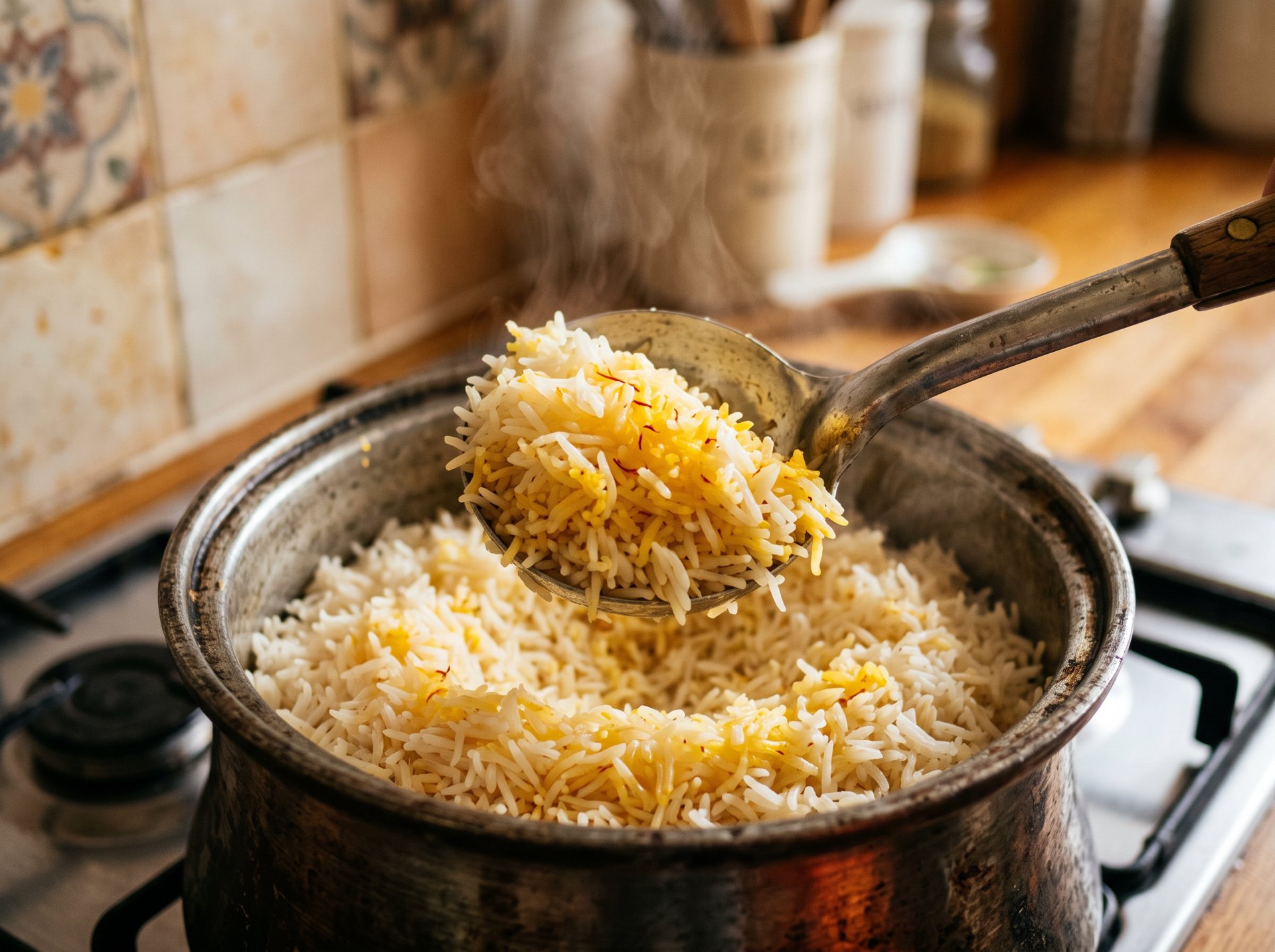 کفگیر برنج پخته در قابلمه خانگی