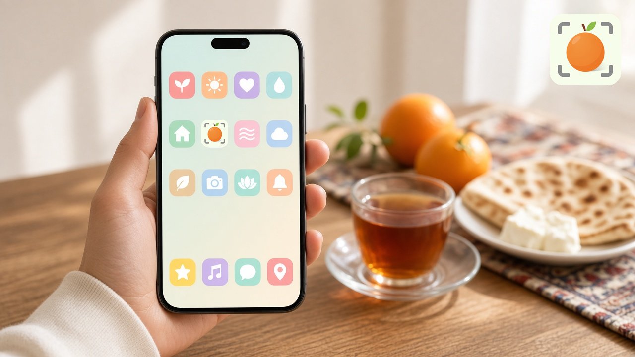 آیفون در دست با آیکون پرتقال روی صفحهٔ اصلی گوشی کنار چای، نان و پرتقال