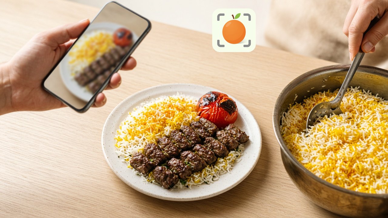 عکس گرفتن با گوشی از بشقاب چلوکباب برای تخمین کالری